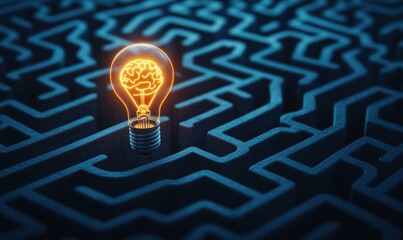Poster - illuminated light bulb with brain design in complex maze symbolizing creativity and problem-solving