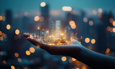 Poster - Futuristic cityscape held in hand, glowing skyscrapers, urban landscape, digital art, bokeh background, imaginative architecture, night scene