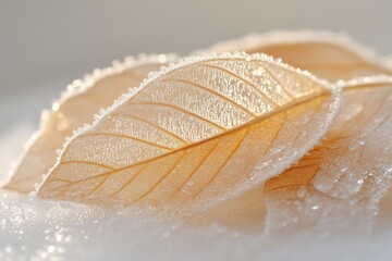 Poster - A captivating close-up of translucent leaves delicately covered in frost crystals, capturing the fragile beauty and intricate details of nature's artistry in winter's embrace.