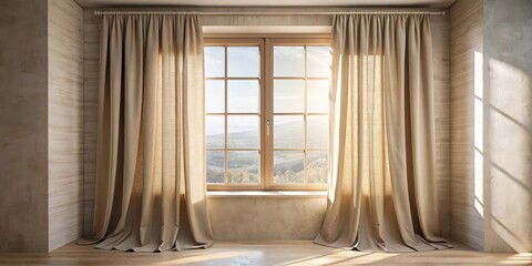 Poster - Serene Sunlight Illuminates a Room with Draped Curtains and a Scenic View