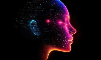 Poster - Futuristic digital human profile with glowing circuits and neural connections, showcasing advanced technology and artificial intelligence concepts