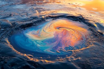 Poster - A mesmerizing spiral of rainbow colors floats within a calm pool of water, reflecting soft golden light, creating an inviting abstract visual experience.