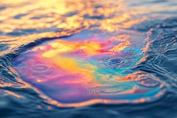 Poster - A small pool of oil shimmering with vibrant colors on the water surface during the golden light of dawn, creating an abstract and captivating visual experience.