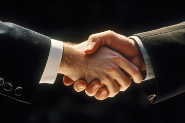 Poster - Two professionals exchanging business cards or discussing a deal, a handshake symbolizing agreement and cooperation
