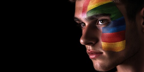 Poster - A person with a colorful rainbow design painted on their face, great for celebrations and festivals