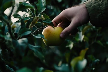Poster - A person plucks a juicy apple from a tree branch