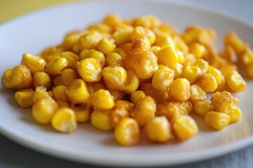 Poster - A simple still life image of a white plate topped with cooked corn sitting on a table