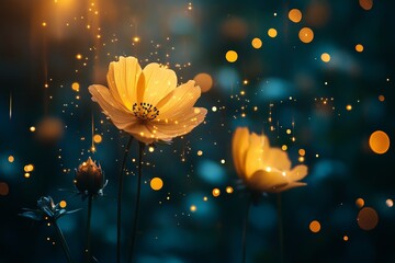 Poster - A close-up of luminous flowers at twilight adorned with magical sparkles. The scene creates an enchanting, dreamy atmosphere full of wonder and beauty.