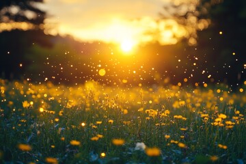 Poster - A peaceful meadow at sunset, with golden light and floating sparkles creating a magical atmosphere. The scene exudes calmness and spiritual renewal.