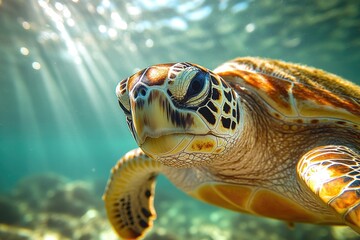 Aufkleber - A close-up shot of a turtle swimming in the water, providing a unique perspective on this aquatic animal