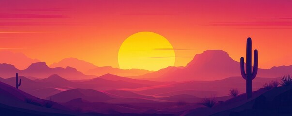 Canvas Print - A vivid sunset over a desert with a lone cactus silhouette, 4k photo.