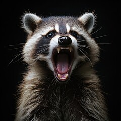 Poster - A close-up shot of a raccoon's face with its mouth open, showing its teeth and tongue
