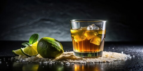 Poster - Refreshing amber beverage with ice, lime wedges, and mint leaves resting on a bed of sugar crystals.
