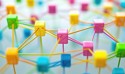 Poster - Colorful interconnected nodes and lines representing complex network structure, showcasing vibrant cubes and connections in bright colors