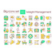 © IMG visuals icons - Weight management RGB color icons set. Healthy food, products. Body mass index. Obesity treatment. Isolated vector illustrations. Simple filled line drawings collection. Editable stroke