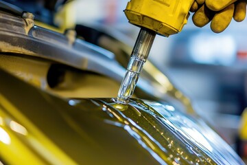 Poster - A person uses a drill to fix a car's hood, a common DIY task