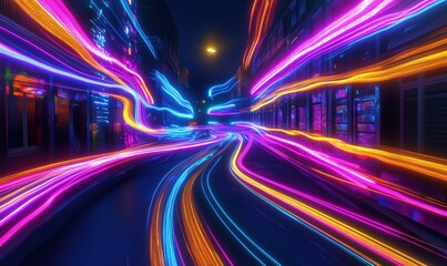 Poster - Vibrant neon light trails illuminating urban street at night, showcasing dynamic motion and colorful reflections