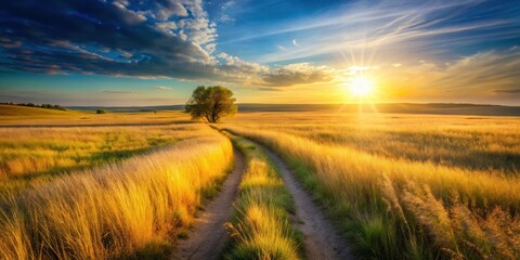 Aufkleber - Golden Hour Countryside A Solitary Tree Stands Sentinel on a Dirt Road Through a Sun-Drenched Field