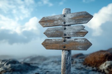 Poster - A wooden sign with arrows pointing in multiple directions, useful for maps, travel and adventure scenes