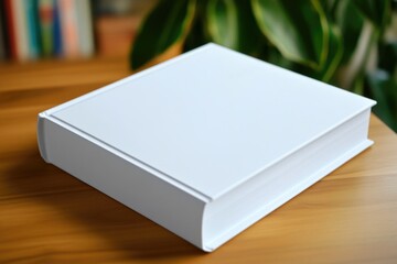 Poster - A small white box placed on a wooden table, suitable for use in illustrations or product photography