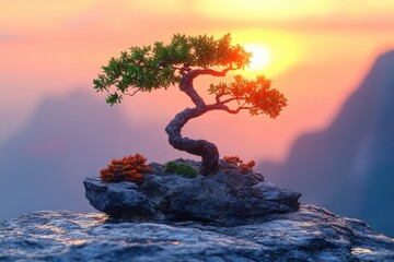 Poster - A small, carefully pruned bonsai tree perched on top of a large rock