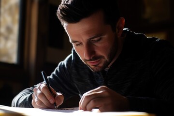 Poster - A person sits at a table with a piece of paper, focused on writing