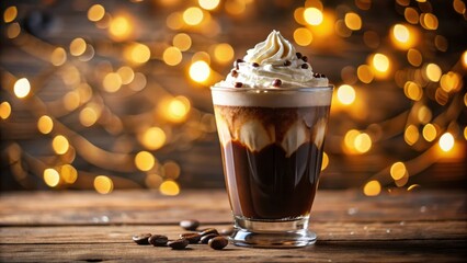 Poster - A Festive Coffee Drink with Whipped Cream and Chocolate Shavings on Rustic Wooden Surface