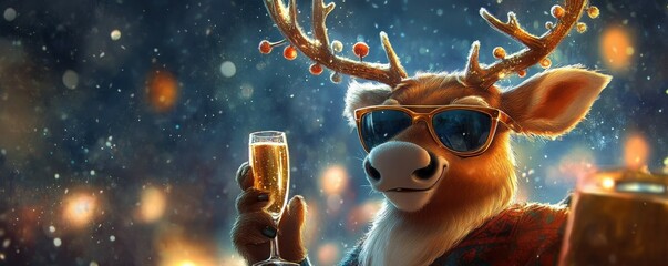 Canvas Print - A whimsical and festive reindeer wearing stylish sunglasses holds a glass of champagne, exuding holiday cheer and cool vibes. With its antlers decorated and a jolly expression, this playful scene capt