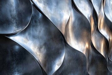 Poster - A modern metallic sculpture featuring an undulating wave pattern, reflecting light subtly. This elegant piece is ideal for contemporary settings with a sleek touch.