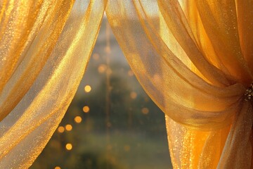 Poster - Golden curtains are tied in the middle, bathed in sunlight creating glistening, sparkly specks, perfect for a cozy and warm ambiance rich in golden tones.
