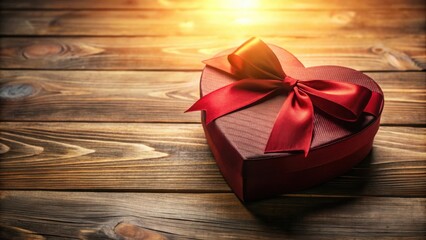 Poster - Heart-shaped gift box with a red ribbon bow on rustic wooden surface