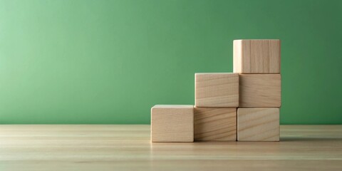 Aufkleber - Wooden Blocks Arranged in Ascending Order on a Table Against a Green Background