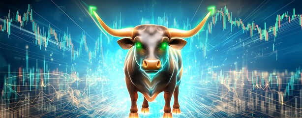 Poster - Bullish & Bearish concept showcasing, Holographic Bull Concept in Stock Market Visualization