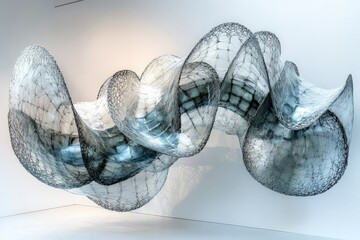 Poster - This intricate sculpture showcases a wire mesh with fluid, wave-like forms, creating a dynamic and airy appearance, blending transparency with solid design elements.