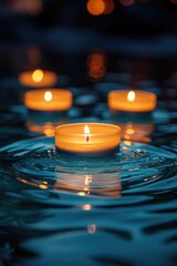 Poster - A serene scene with lit candles floating on the surface of a calm body of water, perfect for peaceful and relaxing compositions