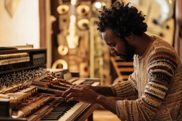 Poster - A musician plays the piano in a professional recording studio