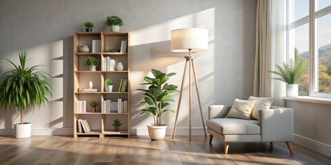Poster - Serene living room with sunlight streaming through window illuminating modern furniture and plants