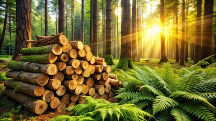 Aufkleber - Golden Sunlight Illuminates a Stack of Logs in a Lush Forest