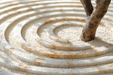 Fototapete - a tree trunk is centered in a creative spiral design made of concentric circles carved into sand, sh