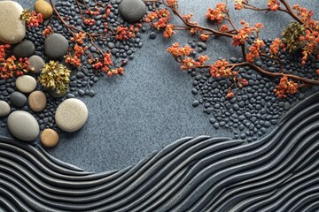 Poster - A zen garden features smooth stones and dried orange blossoms, creating a tranquil and balanced atmosphere with artistic patterns and natural aesthetics.