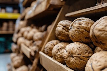 Poster - Freshly harvested walnuts displayed on a store shelf, ideal for use in recipes or as a snack