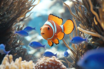 Poster - A clown fish swimming among other fish in an aquarium