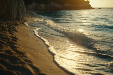 Poster - A beautiful sunset scene on a beach with gentle waves, perfect for travel, leisure or relaxation