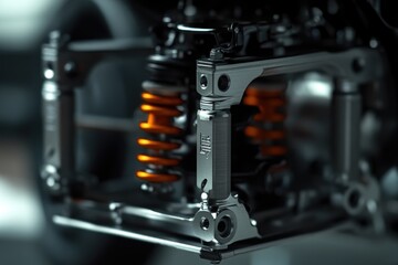 Poster - A detailed view of a motorcycle's front suspension mechanism, ideal for automotive or transportation-related projects