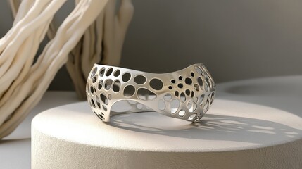 Poster - a d-printed bracelet with futuristic patterns, placed elegantly on a neutral surface, offering space