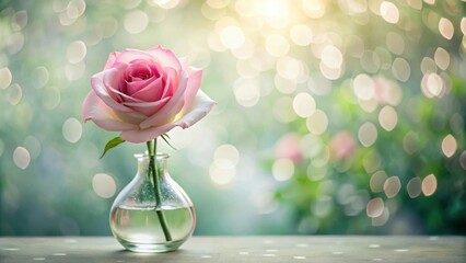 Aufkleber - A Single Pink Rose in a Glass Vase on a Table with a Bokeh Background