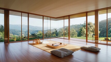 Poster - Contemporary minimalist interior design serene home location photography bright natural light environment wide angle viewpoint harmonious living concept