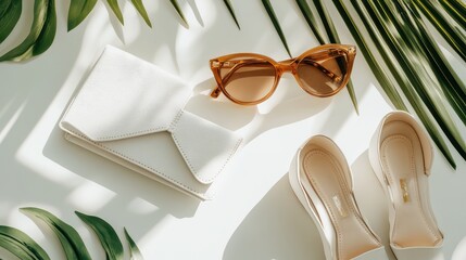Poster - A chic collection of fashion accessories including a designer wallet, luxury shoes, and sunglasses, laid out on a minimal background with copy space.
