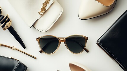 Poster - A chic collection of fashion accessories including a designer wallet, luxury shoes, and sunglasses, laid out on a minimal background with copy space.