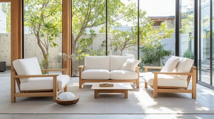 Poster - Inviting interior space featuring minimalist furniture and soft textiles brightened by natural light creating a harmonious atmosphere